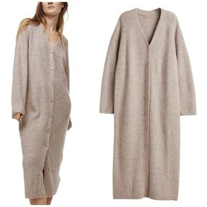 H&M Long Sleeve Button-Front Knit Maxi Cardigan in Taupe